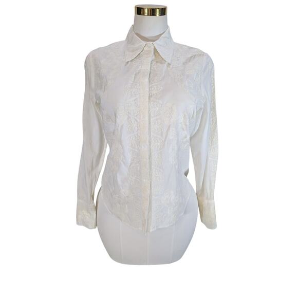 BCBG Max Azria White Embroidered Button Down Shirt Women’s Large Cotton Blouse - Picture 1 of 8